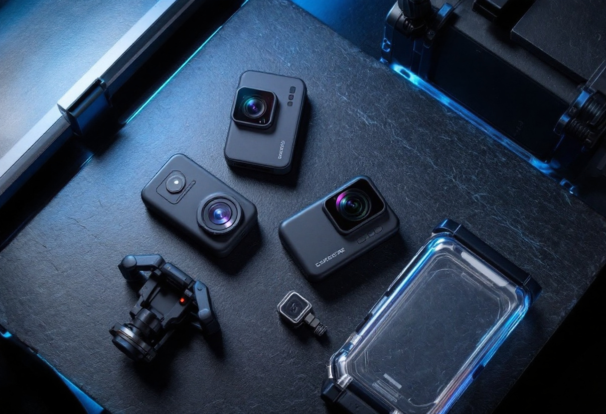Trois action cams compactes cote a cote avec leurs supports et un caisson etanche, fond sombre
