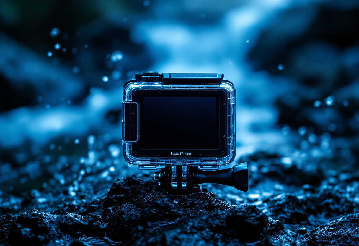 Action cam etanche posee sur un rocher mouille avec des eclaboussures, lumiere bleue