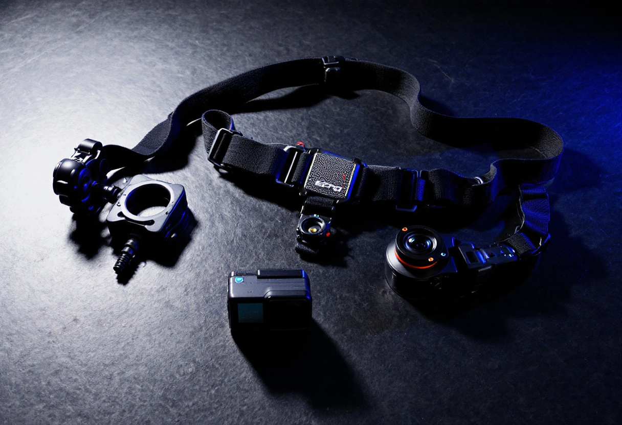 Action cam avec un support casque et un support poitrine poses sur une surface sombre