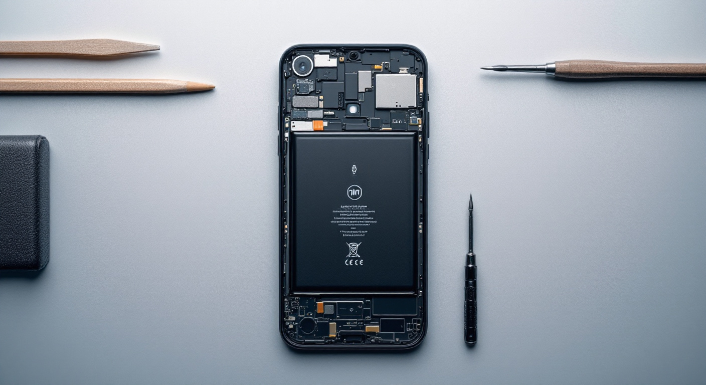 Smartphone ouvert en cours de reparation, batterie interne visible avec outils de precision