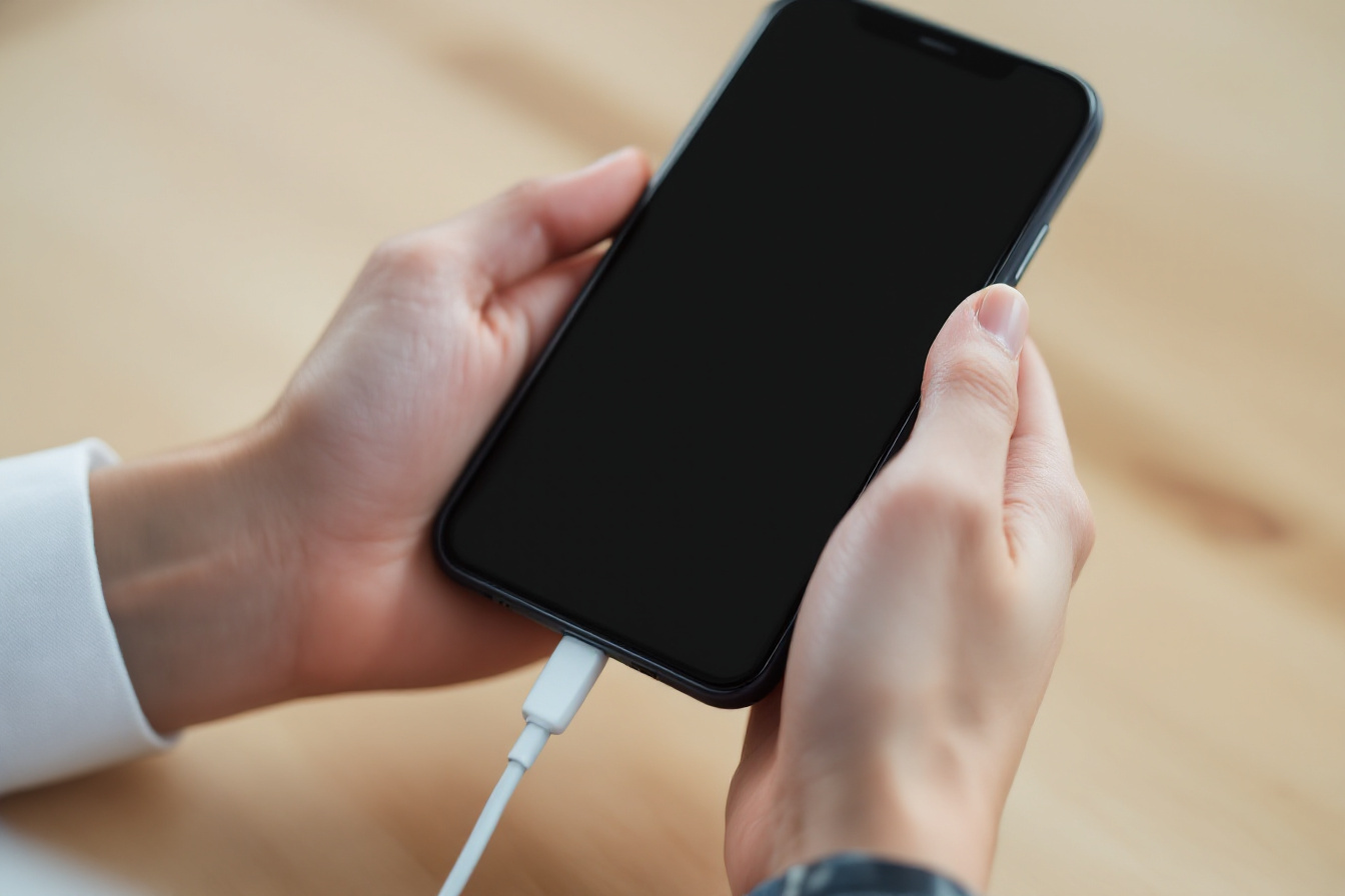 Mains tenant un smartphone branche a un cable de charge sur un bureau en bois