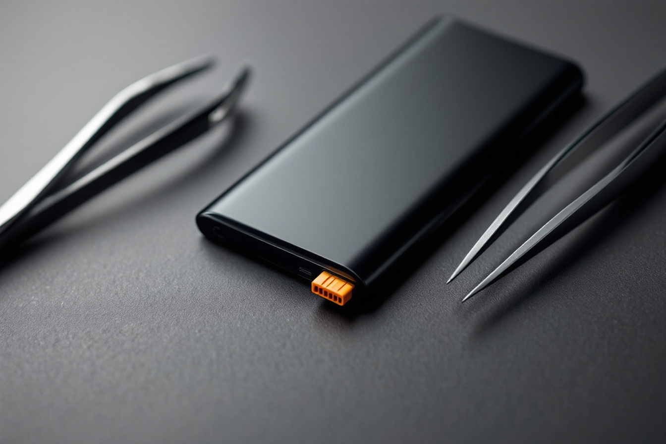 Batterie de remplacement pour smartphone avec connecteur orange a cote de brucelles de precision
