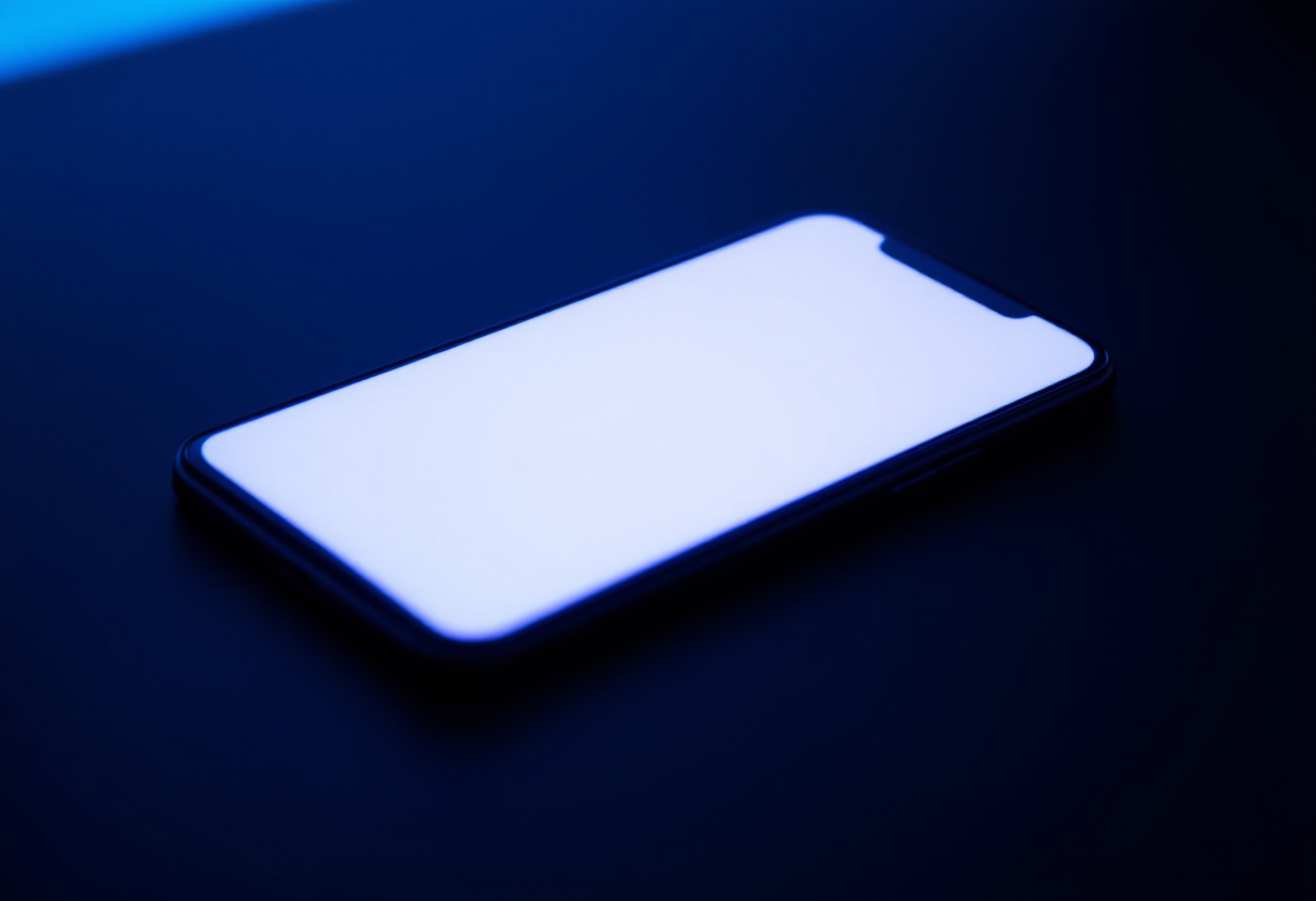 Smartphone pose face visible sur une surface sombre, lumiere bleue, ecran sobre