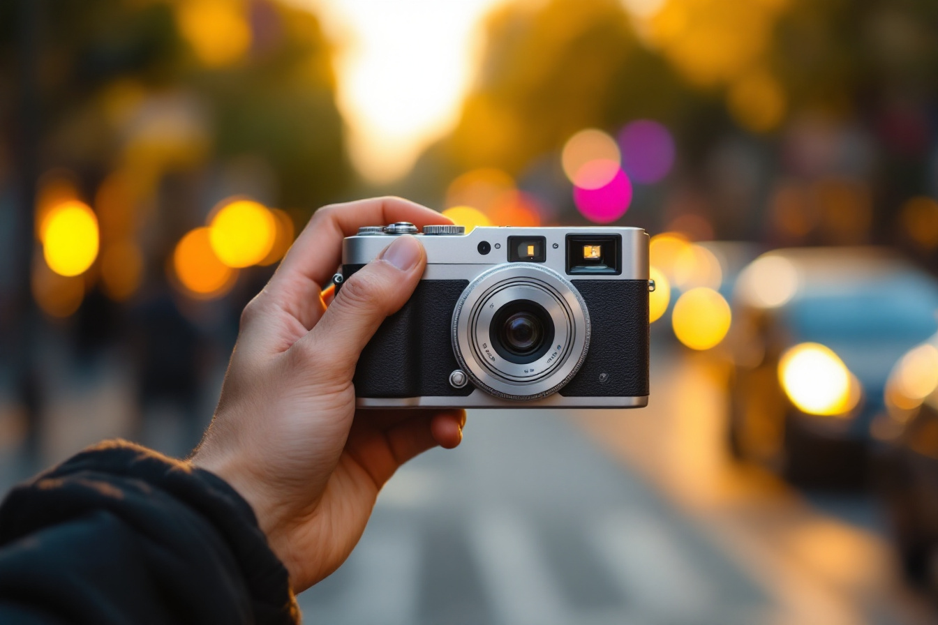 Appareil photo compact tenu a une main dans une rue au coucher du soleil