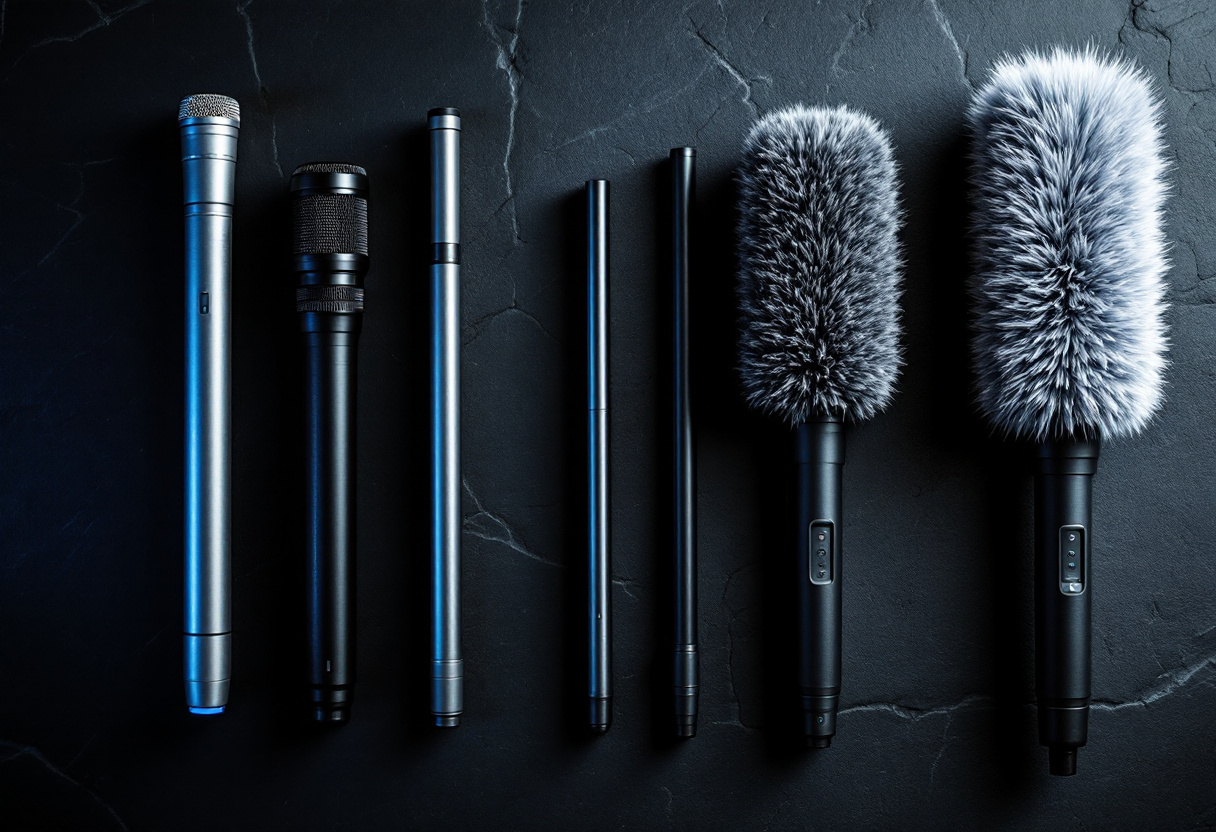 Plusieurs micros-canon de longueurs differentes alignes sur une surface sombre