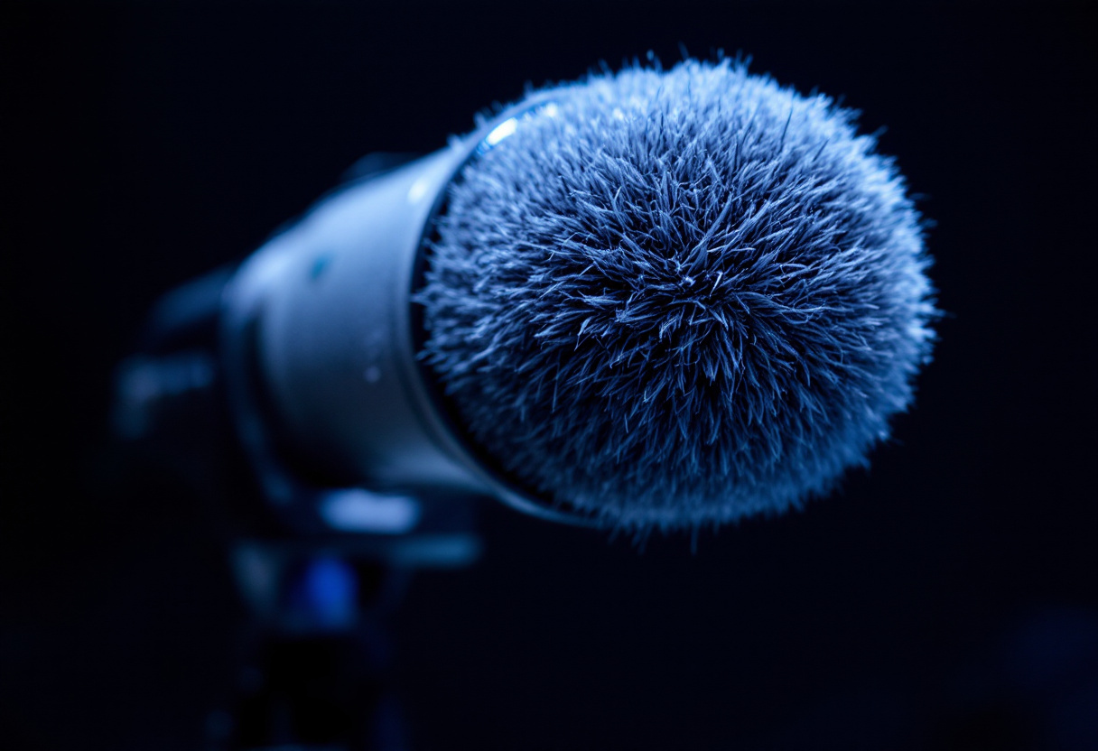 Gros plan sur la bonnette poilue grise d'un micro-canon, lumiere bleue