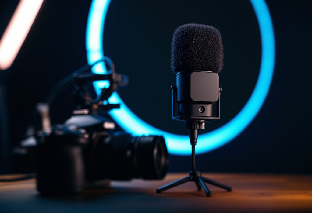 Micro-canon monte sur une camera avec une bonnette poilue, studio sombre