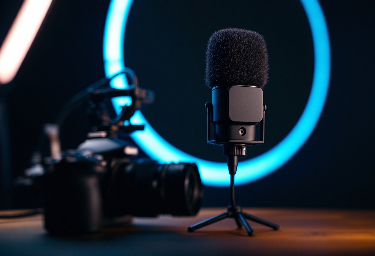 Micro-canon monte sur une camera avec une bonnette poilue, studio sombre, lumiere bleue