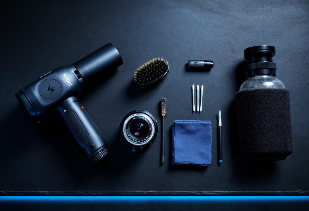 Kit de nettoyage appareil photo a plat sur fond sombre : soufflette, pinceau, microfibre, swabs et solution
