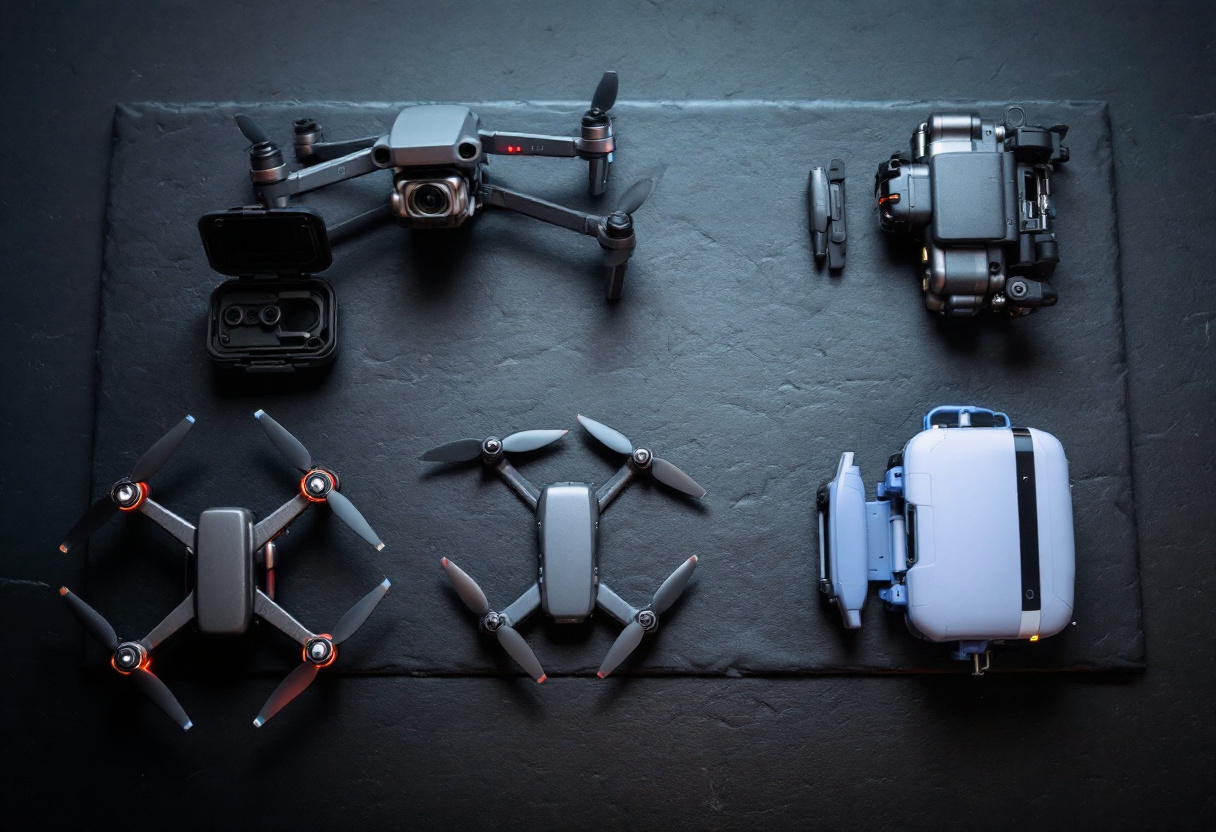 Plusieurs drones camera compacts pour debutants poses sur une surface sombre