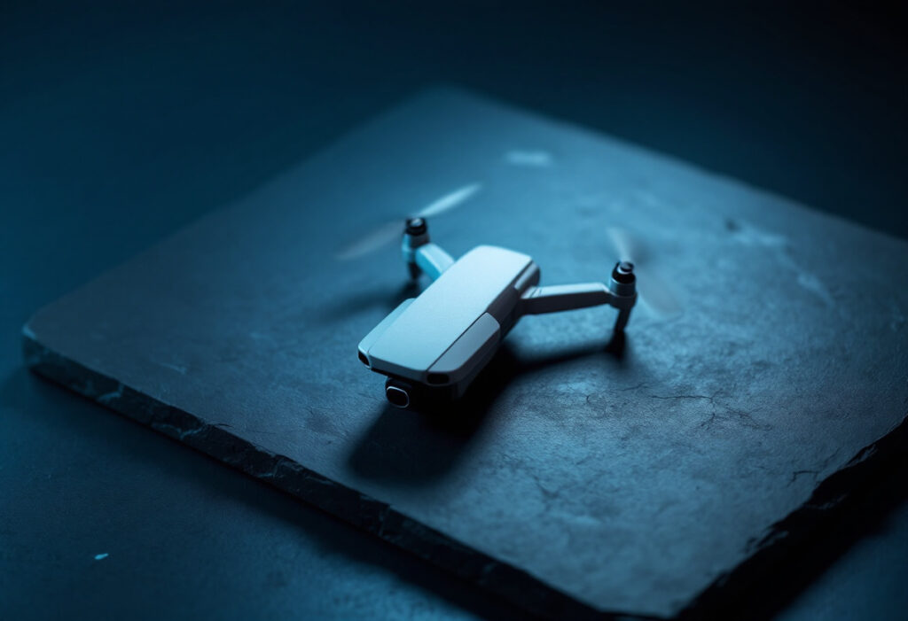 Petit drone camera pliable pose sur une surface sombre sous une lumiere bleue