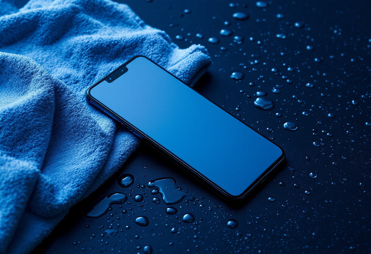 Smartphone pose sur une serviette pres de gouttes d'eau sur une surface sombre