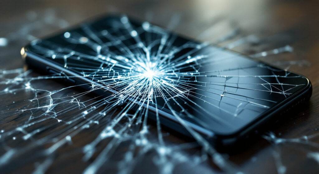 Smartphone pose sur une table avec un ecran en verre fortement fissure en toile d araignee