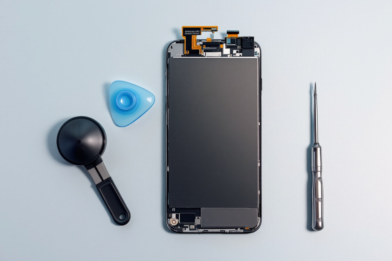 Smartphone ouvert pendant une reparation d ecran avec ventouse et outils de precision