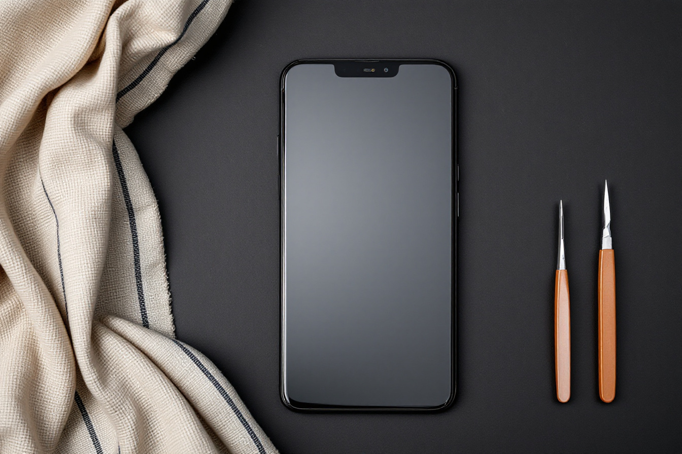 Ecran de smartphone neuf a surface noire impeccable a cote de brucelles de precision