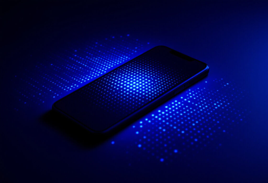 Smartphone projetant une grille de points bleus, concept de reconnaissance faciale