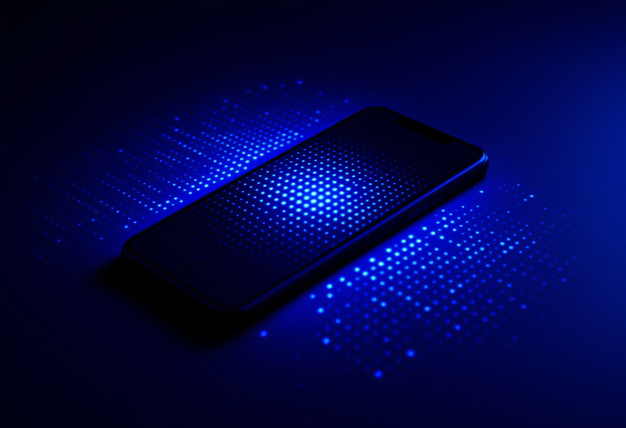 Smartphone projetant une grille de points bleus, concept de reconnaissance faciale