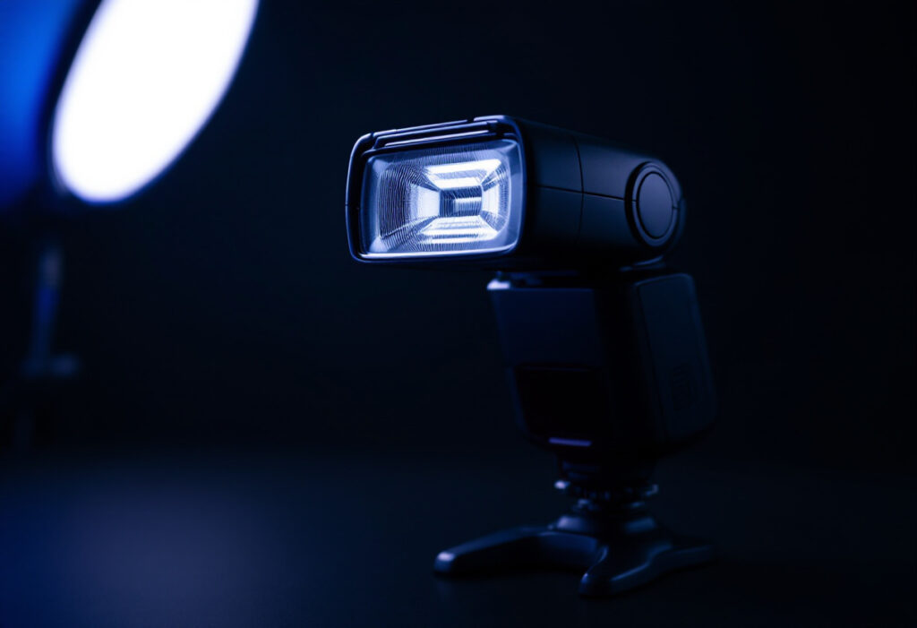 Flash cobra monte sur un support tete orientee, studio sombre, lumiere bleue