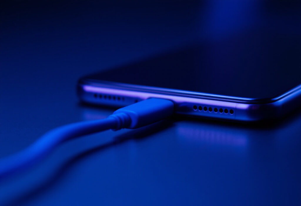 Cable de charge branche sur le port d'un smartphone, lumiere bleue, gros plan