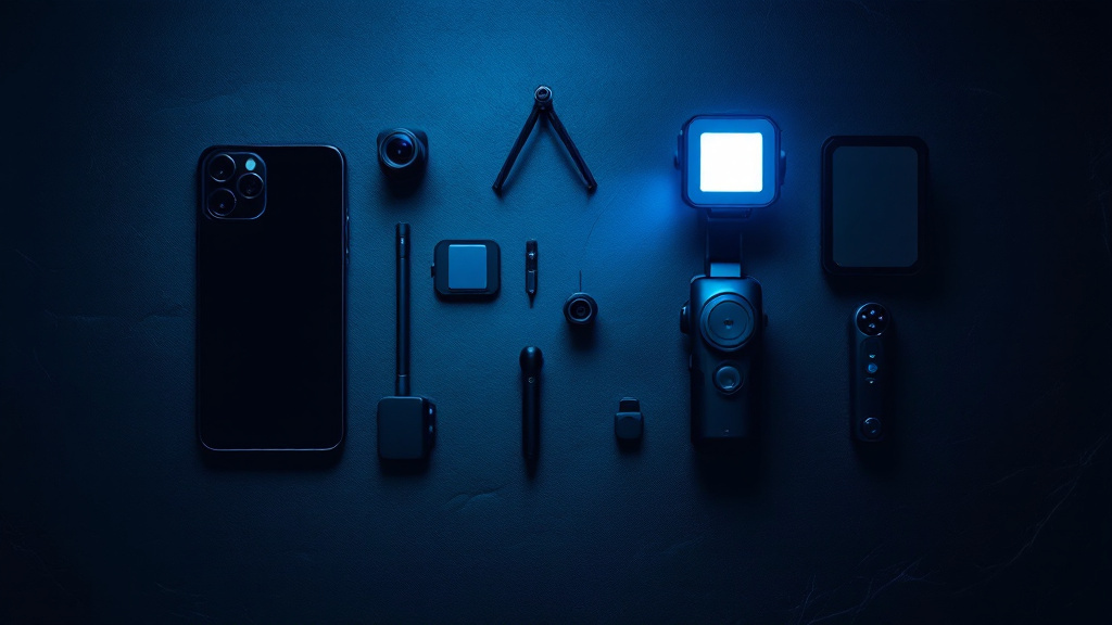 Accessoires photo pour smartphone disposes a plat : mini trepied, objectif clip, stabilisateur, panneau LED et micro sans fil