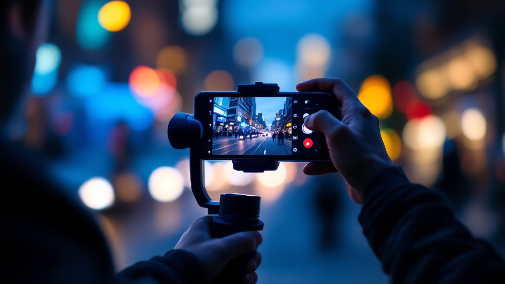 Smartphone monté sur un stabilisateur gimbal pour filmer une rue en ville à l'heure bleue