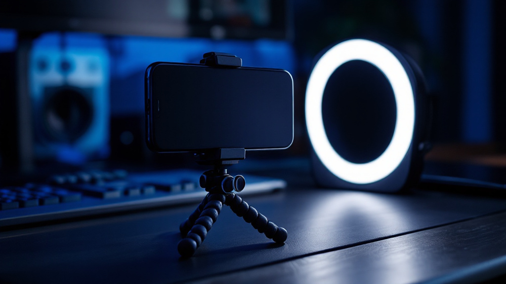 Smartphone sur un petit trépied flexible avec un anneau lumineux et un objectif clip sur un bureau sombre