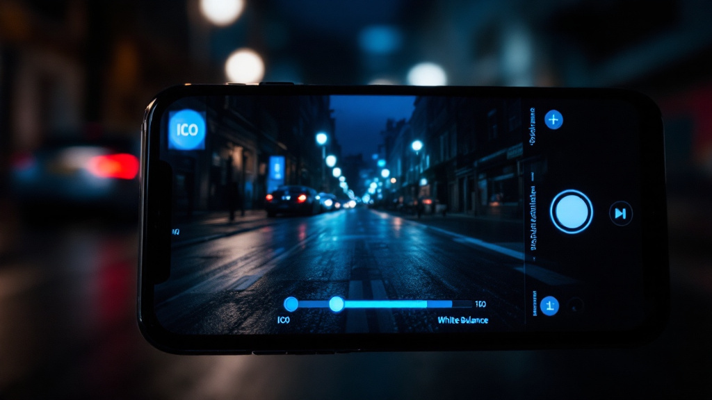 Écran de smartphone en mode pro affichant les réglages manuels ISO, vitesse et balance des blancs