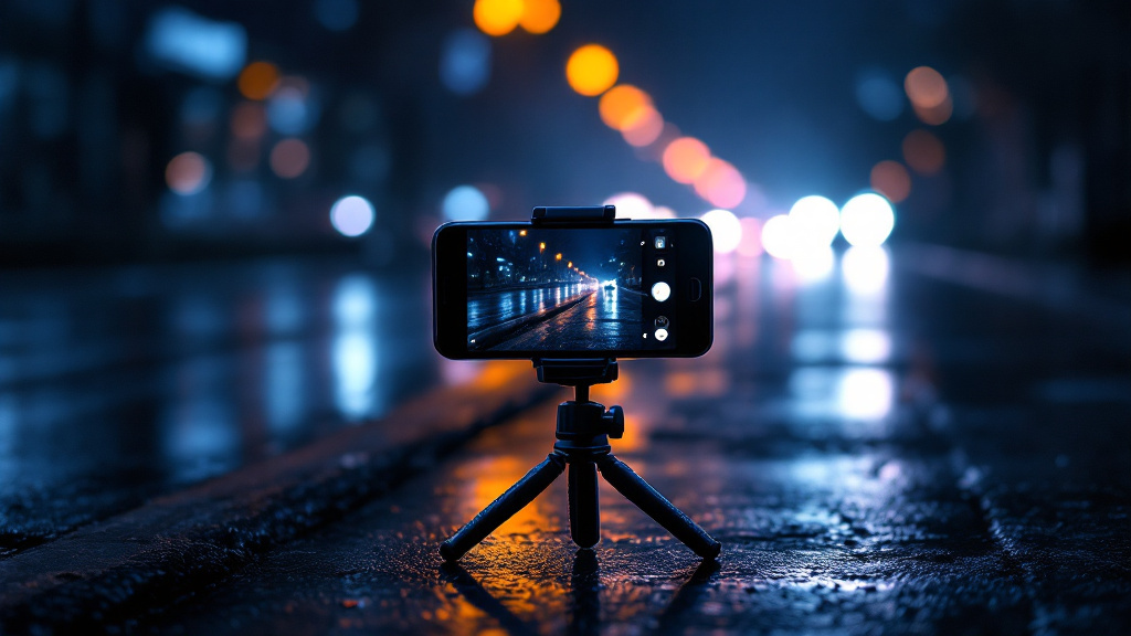 Smartphone sur mini-trépied capturant un filé de lumières de voitures en pose longue, la nuit