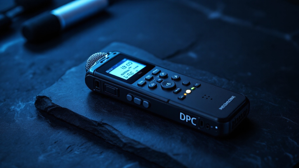 Enregistreur audio numérique portable avec micros sur fond sombre