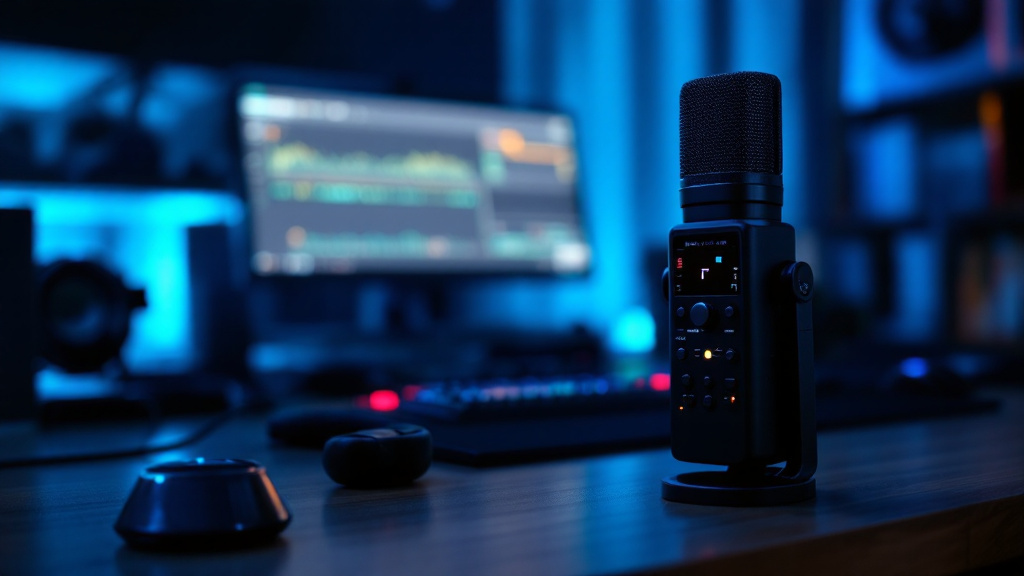 Enregistreur numérique posé sur un bureau pour un podcast, casque à côté