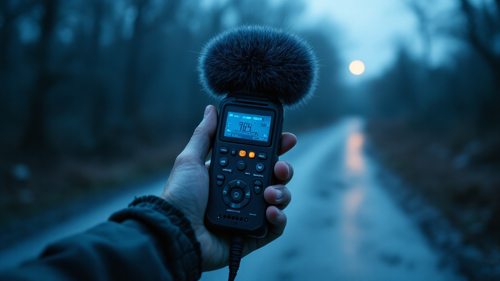 Enregistreur audio utilisé en captation de terrain, micro tendu