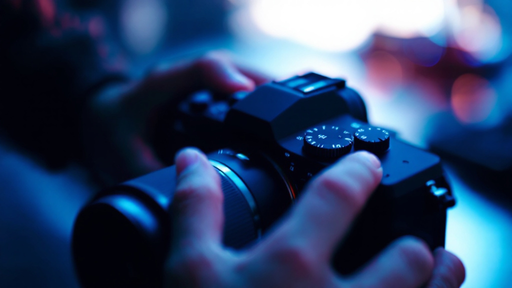 Mains réglant la molette des modes et la bague de diaphragme d'un appareil photo