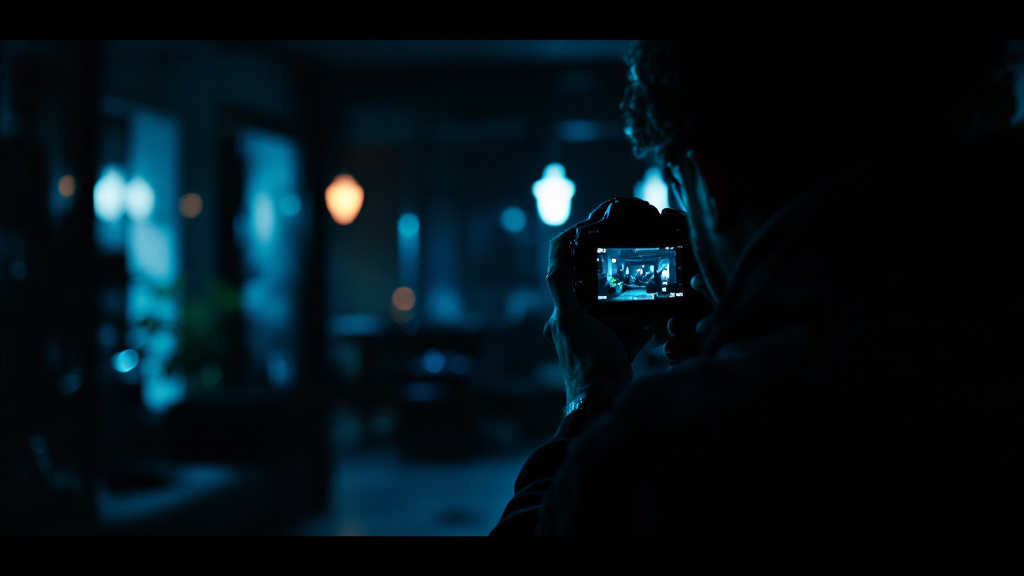 Photographe en faible lumière la nuit, écran de l'appareil illuminé