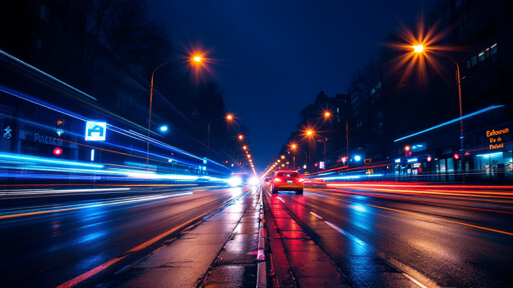 Filé de lumières de circulation en pose longue, appareil sur trépied la nuit