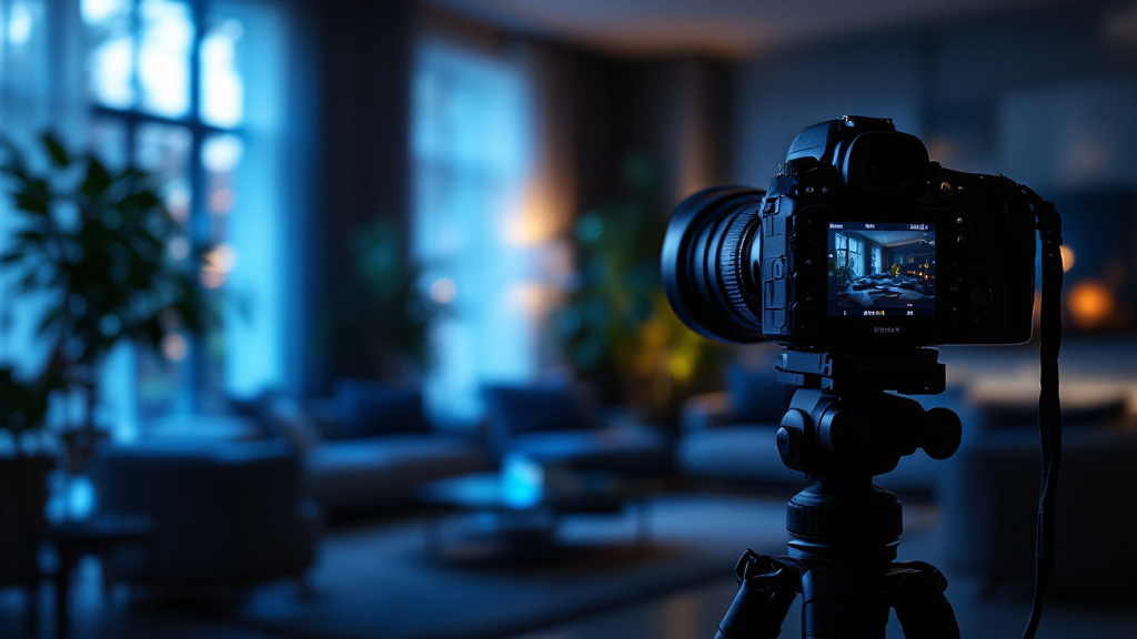 Appareil photo sur trepied photographiant un salon sombre et elegant avec lumiere de fenetre