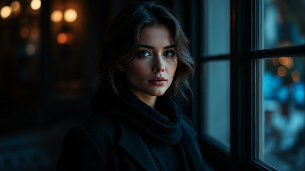 Portrait en intérieur près d'une fenêtre en lumière douce et faible