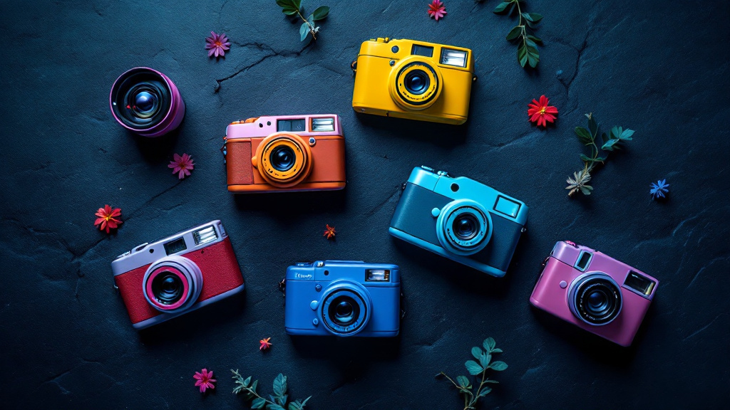 Plusieurs appareils photo jetables colorés disposés à plat sur une surface sombre