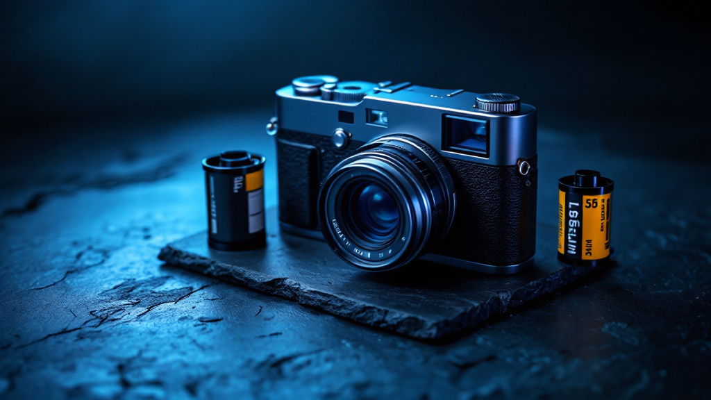 Appareil photo argentique 35mm réutilisable compact sur fond sombre
