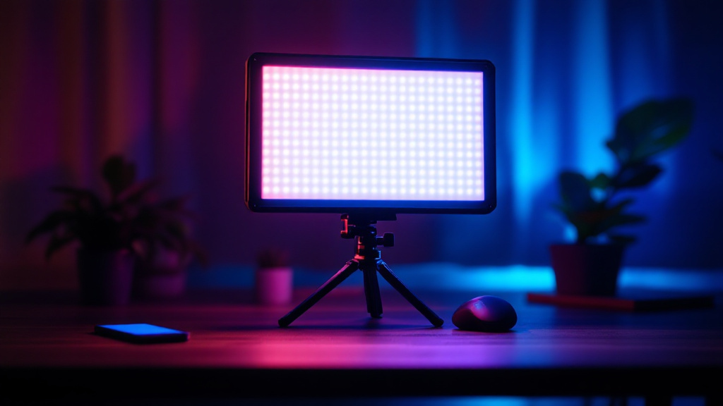 Panneau LED compact bi-couleur sur trepied eclairant un bureau de createur