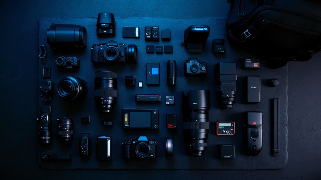 Materiel du photographe de mariage a plat : deux boitiers hybrides, objectifs 24-70 et 70-200, flash, batteries, cartes memoire et sac