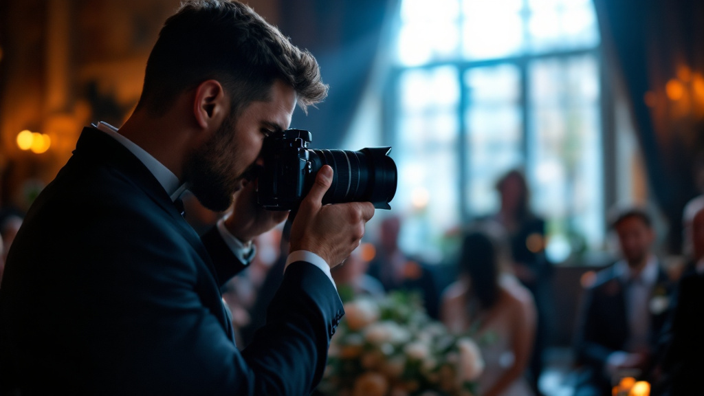 Photographe captant une cérémonie de mariage au téléobjectif en lumière douce