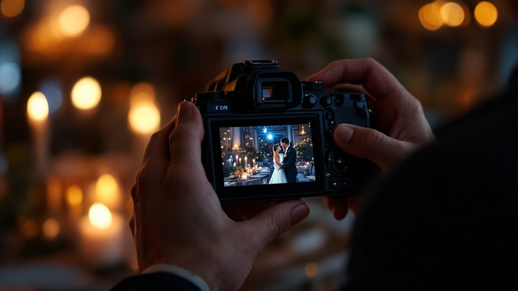 Photographe contrôlant ses photos de mariage sur l'écran arrière de son boîtier hybride