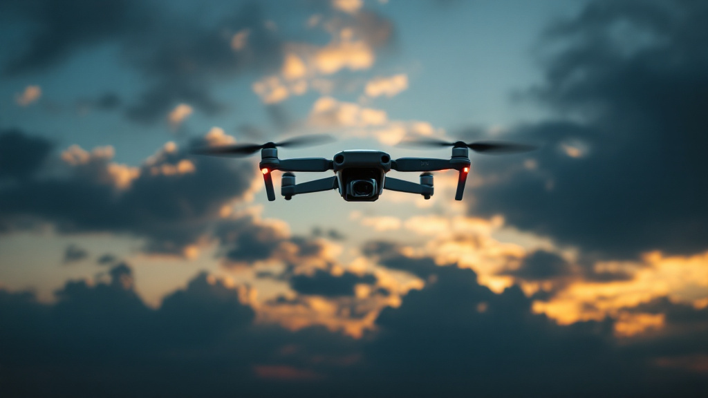 Drone volant dans un ciel spectaculaire aux nuages dorés épars, au coucher du soleil