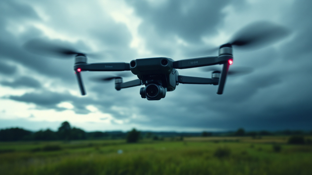 Drone incliné face à un vent fort sous un ciel couvert gris-bleu, au-dessus d'un paysage