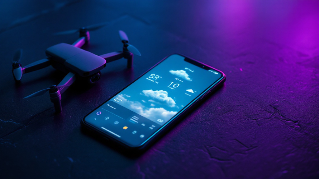 Smartphone affichant une appli météo (vent, couverture nuageuse) posé près d'un drone replié
