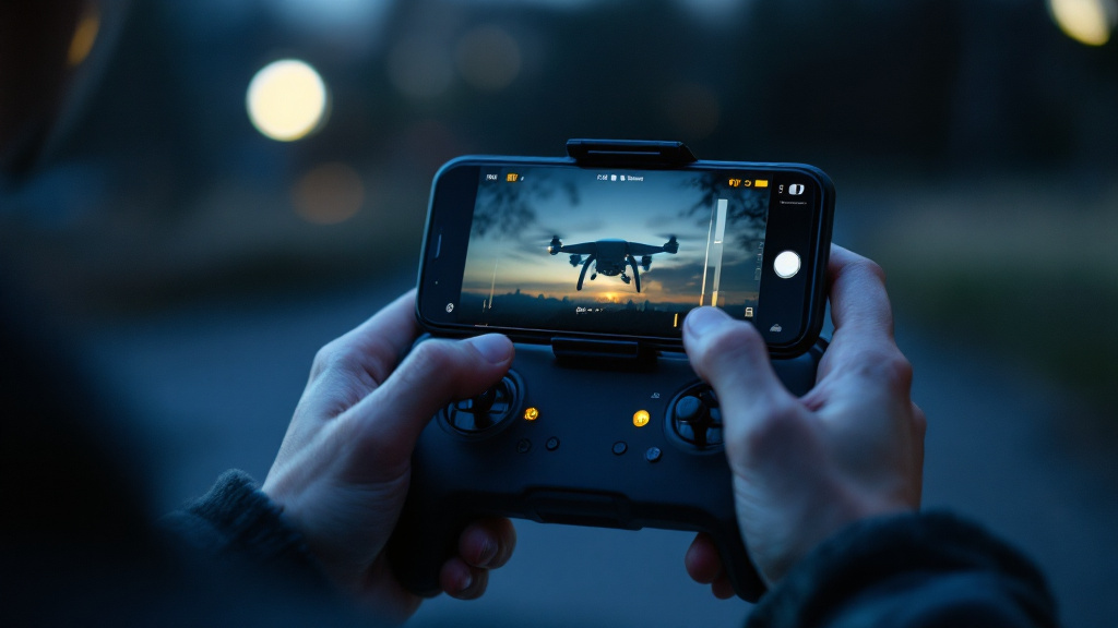 Mains sur la radiocommande d'un drone, écran affichant les réglages caméra : ISO 100, vitesse, histogramme