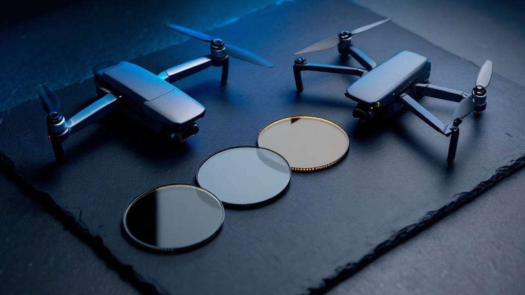 Jeu de filtres ND pour caméra de drone posés sur une surface sombre à côté d'un drone replié