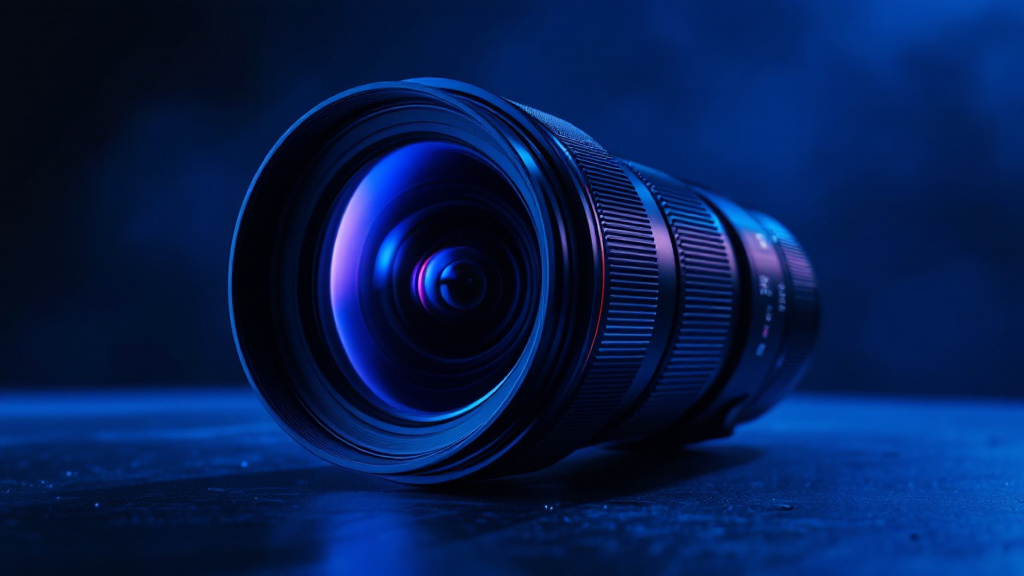 Téléobjectif zoom imposant sur fond sombre