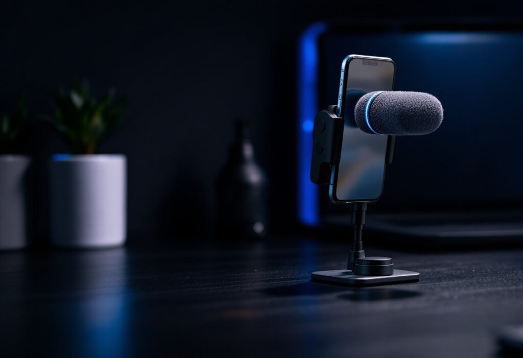 Micro externe fixe sur un smartphone pose sur un bureau sombre, lumiere bleue