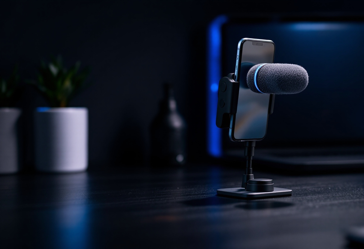 Micro externe fixe sur un smartphone pose sur un bureau sombre, lumiere bleue